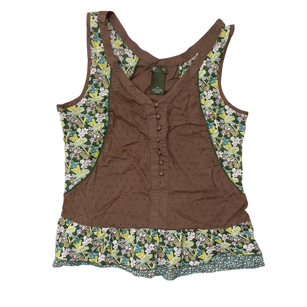 Vintage Y2K Fei L 100% Cotton Brown Green Boho Floral Swiss Dot Button Up Tank - Picture 5 of 8